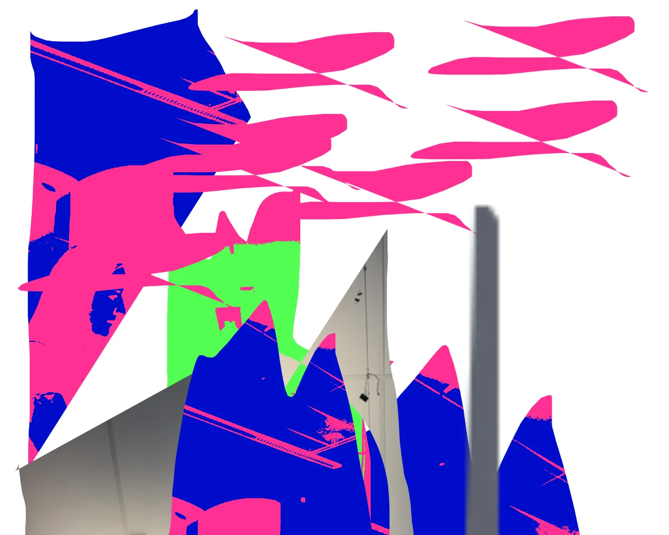 Abstractinator Collage, geometrische Formen in Blau, Pink und Grün