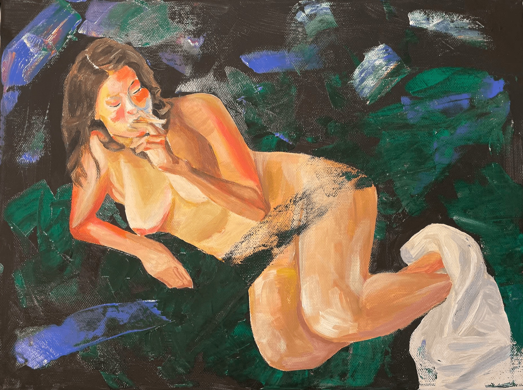 Liegende Frau vor dunkelgrünem Grund, Acryl auf Leinwand