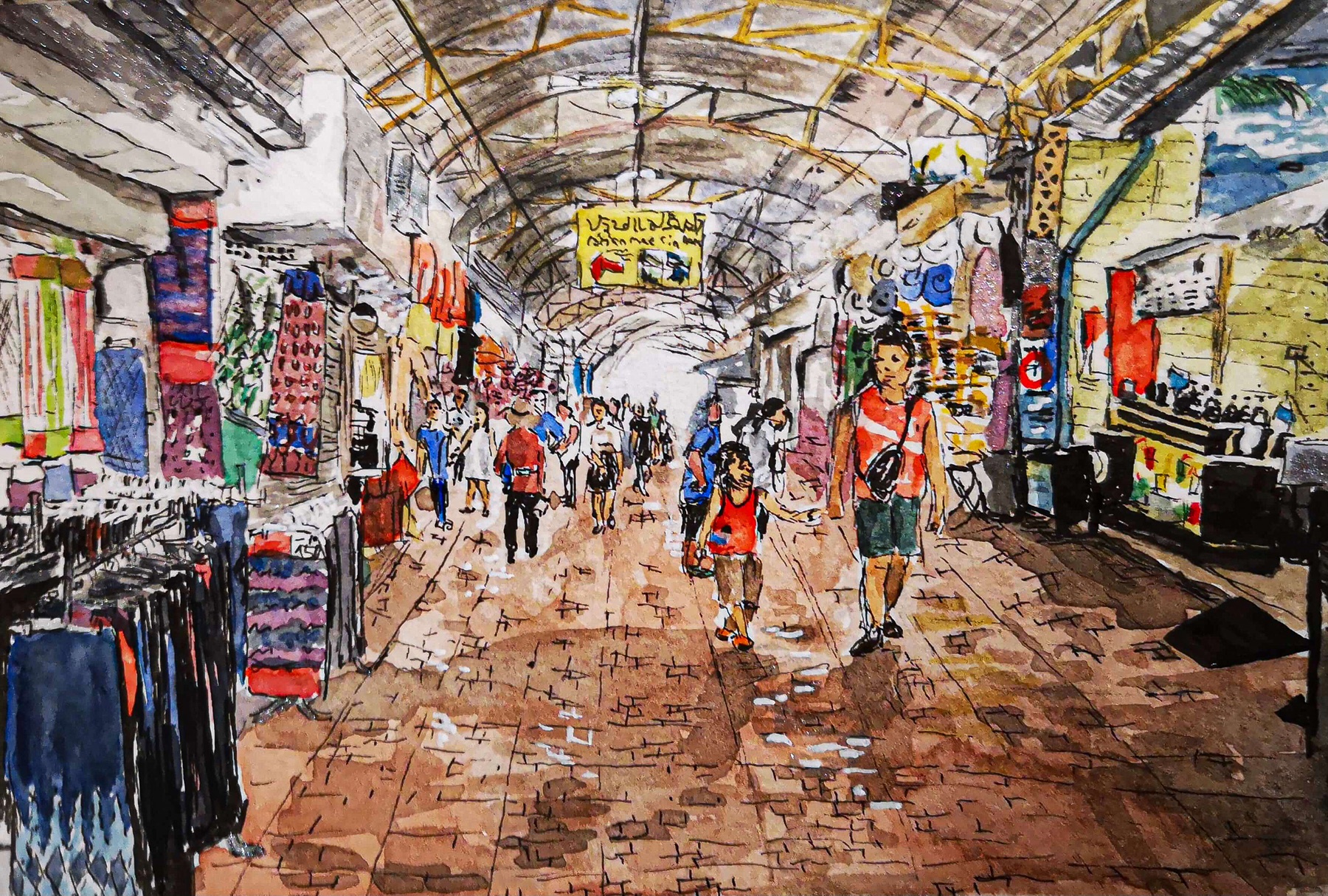 Überdachter Markt in Laos, Tusche und Aquarell