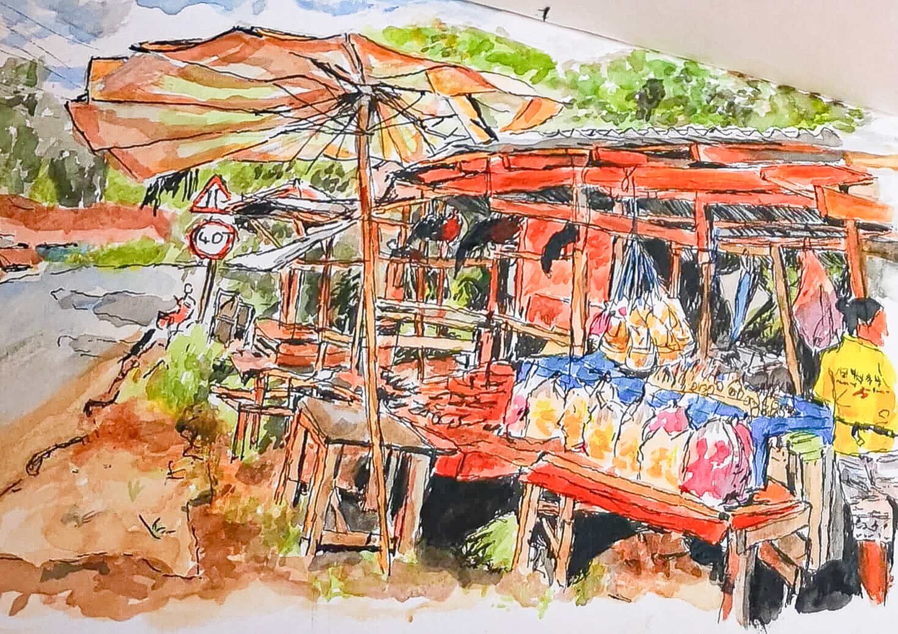 Straßenstand am Flussufer in Laos, Tusche und Aquarell