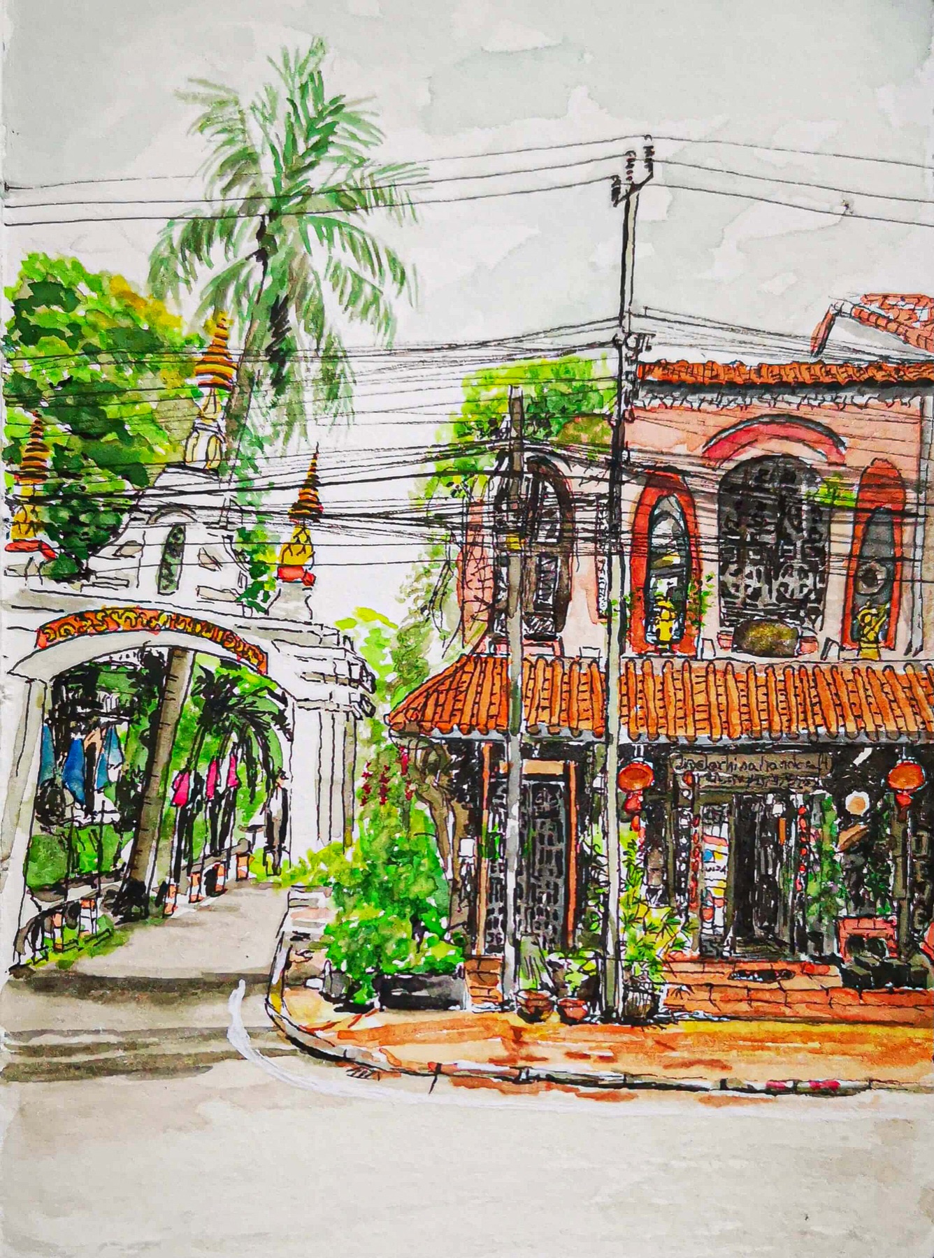 Straßenecke mit Tempel in Laos, Tusche und Aquarell