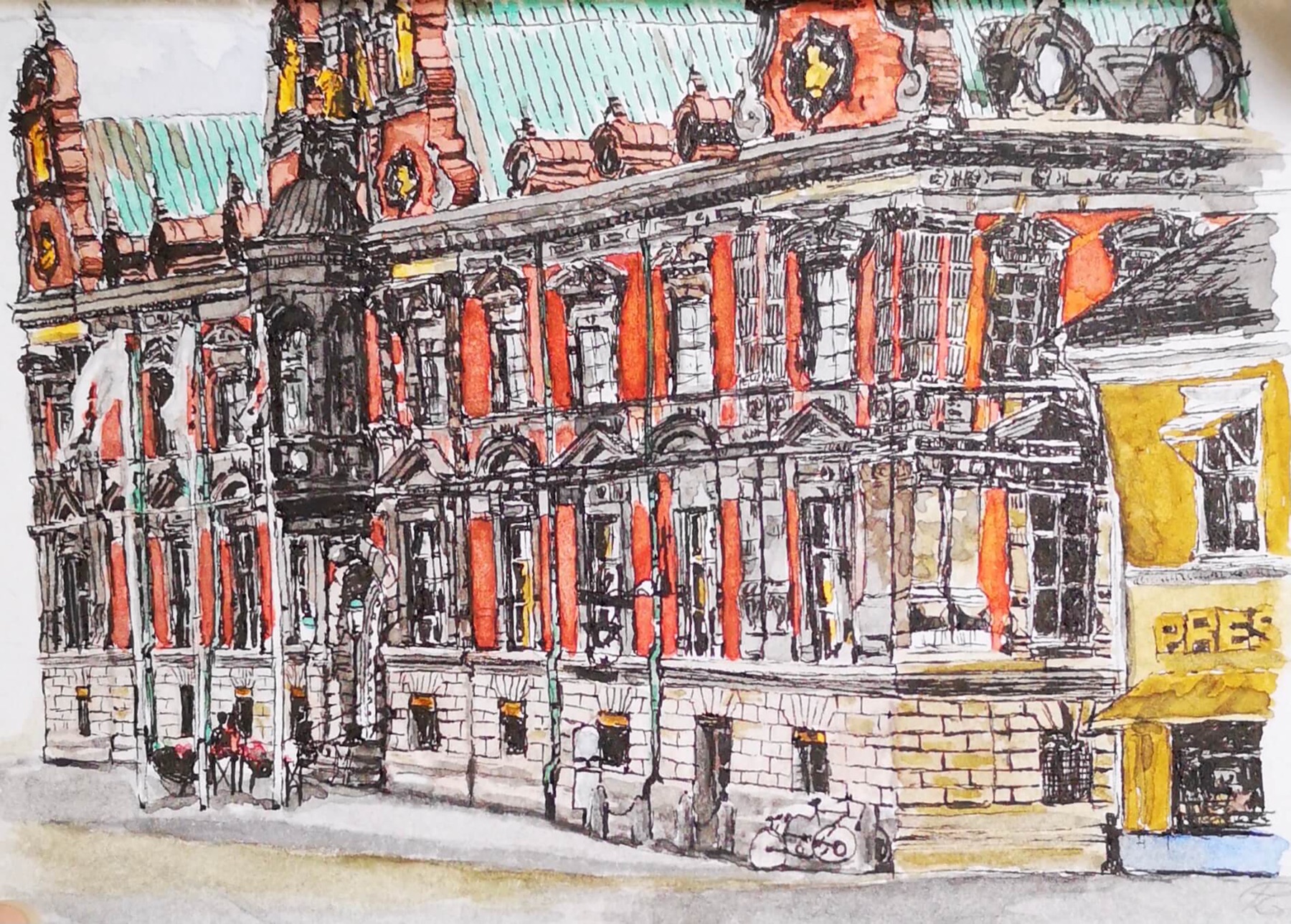 Fassadenstudie aus Schweden, Tusche und Aquarell