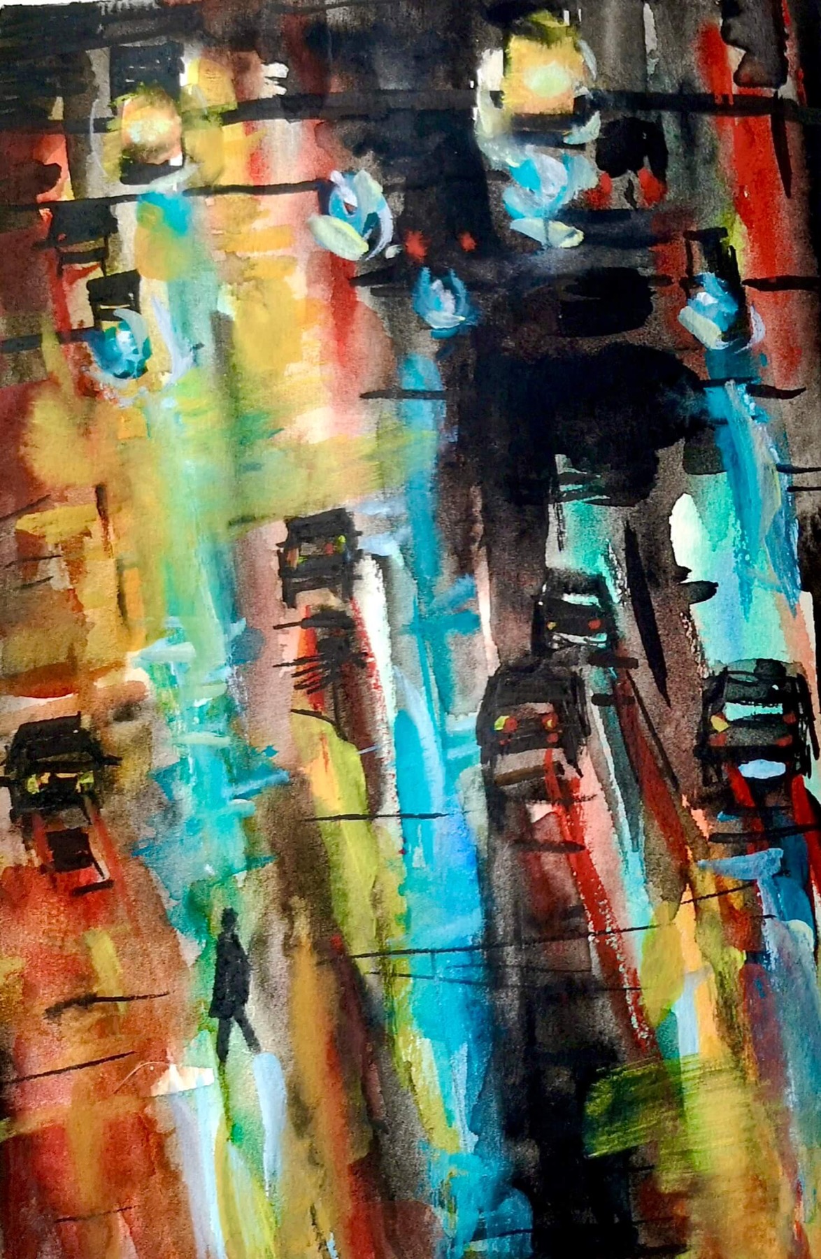 Stadt bei Licht und Nacht, Straßenszene mit Menschen und Autos, Aquarell und Gouache