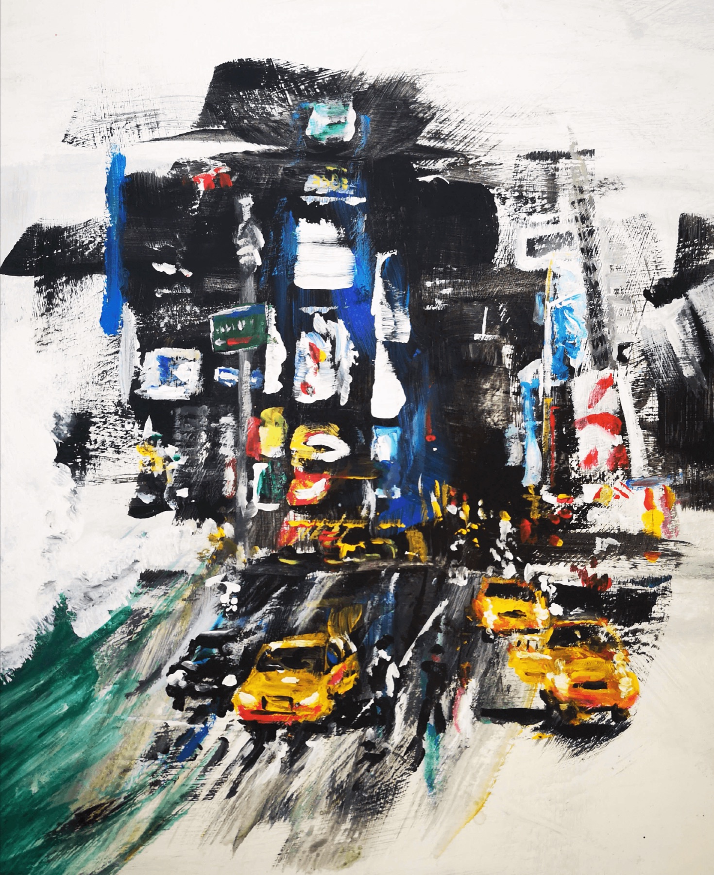 Stadt bei Licht und Nacht, nächtliche Kreuzung mit gelben Taxis, Acryl